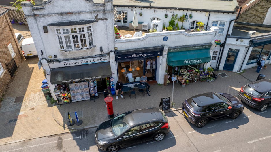 An aerial view of a quaint street scene featuring a row of small shops with white facades, including a flower shop with a green awning displaying fresh floral arrangements and potted plants outside. I