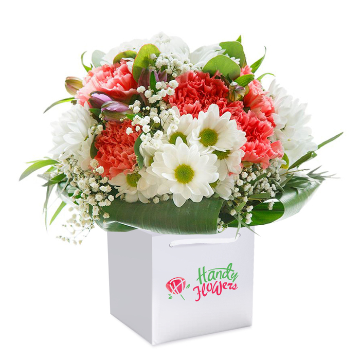 Poised in the centre of a brilliant white gift bag, this vibrant floral bouquet encapsulates the artistry of Potters Bar's finest florists. The composition revolves around plush, coral-pink and vivid red carnations, instantly recognisable by their ruffled, layered petals and soft, romantic edges. Interspersed among these nostalgic blooms are crisp white chrysanthemums, their lime-toned centers adding a dash of energetic contrast, reminiscent of the fresh palette seen in local Potters Bar markets. Whisper-soft clouds of baby's breath meander through the bouquet, lending a sense of gentle movement and airiness, while a subtle touch of unopened, purple-cast buds provides intrigue and visual complexity. A rich assortment of broad, glossy green leaves hugs the arrangement, framing it with vibrancy and life and ensuring a harmonious, rounded silhouette. The bouquet itself seems to glow under filtered light, with soft shadows and highlights enhancing every texture and hue. The bag, perfectly squared and designed for easy transport, boasts crisp ribbon handles, ready to glide effortlessly into a loved one's hands. Photographed against a clean, white background, every element is given room to shine-celebrating the freshness and quality expected from a trusted Potters Bar florist. Whether marking a birthday near Wyllyotts Theatre or sending a heartfelt message elsewhere in the community, this arrangement embodies the joy and connection of giving, tailored with local expertise for life's meaningful moments.