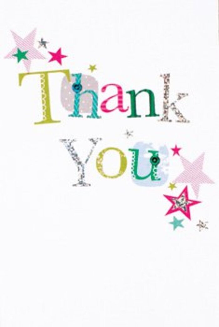 With each carefully crafted letter, this thank you card holds a quietly exuberant spirit that feels right at home in Potters Bar. The graceful typography forms the phrase 'Thank You,' each character uniquely adorned-some whimsical, with playful spots and carefree curves, others refined with a silvery sheen that glimmers softly, much like early morning sunlight over the cricket green on Mutton Lane. Clusters of vibrant stars gather nearby, their tones shifting from sparkling fuchsia stripes to rich turquoise and cool silver, enhancing the message with layers of cheer. The composition maintains an airy modernity, an elegant sense of restraint that lets the colors and patterns dance across a pristine white expanse. Balanced between sophistication and friendliness, this card feels universally welcoming, suited for expressing gratitude as sincerely for a new neighbor on Billy Lows Lane as for a treasured teacher at Mount Grace School. Its texture is tactile but understated, like the gentle hum of summer celebrations in local gardens. Paired with a fresh bouquet, it brings a sense of uplift and appreciation-a card that stays in the memory, much like the community bonds we cherish here in Potters Bar.