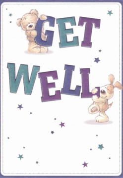 A wave of gentle optimism sweeps through this get well card-a scene brimming with comfort that resonates like the familiar embrace of Potters Bar's favourite flower shop. Playful artistry brings a smiling teddy, perched atop the word 'GET,' and a lovable puppy resting below 'WELL,' both rendered with friendly, rounded forms that invite feelings of security and cheer. The bold letters, painted in lively shades of indigo and teal, echo the hues of irises and hydrangeas often delivered to homes nearby Darkes Lane or Mutton Lane. Sprinkled stars shimmer across a pristine white background, symbolising hope and possibility-a visual symphony akin to the care placed into every local bouquet. As a florist rooted in Potters Bar, I see the same thoughtful detail here, with every brushstroke meant to comfort and uplift just as a hand-tied floral arrangement does. This card warmly bridges distance, offering heartfelt reassurance to anyone on the road to recovery within our treasured local area.